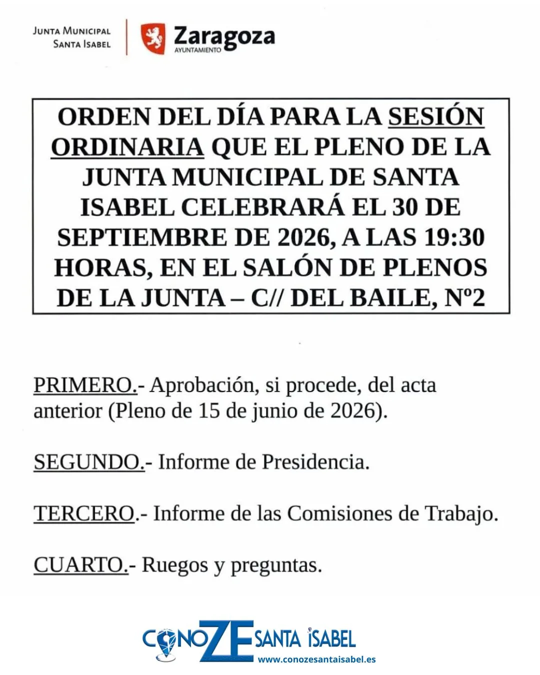 Pleno de la Junta Municipal de Santa Isabel el 30 de septiembre: orden del día y horario