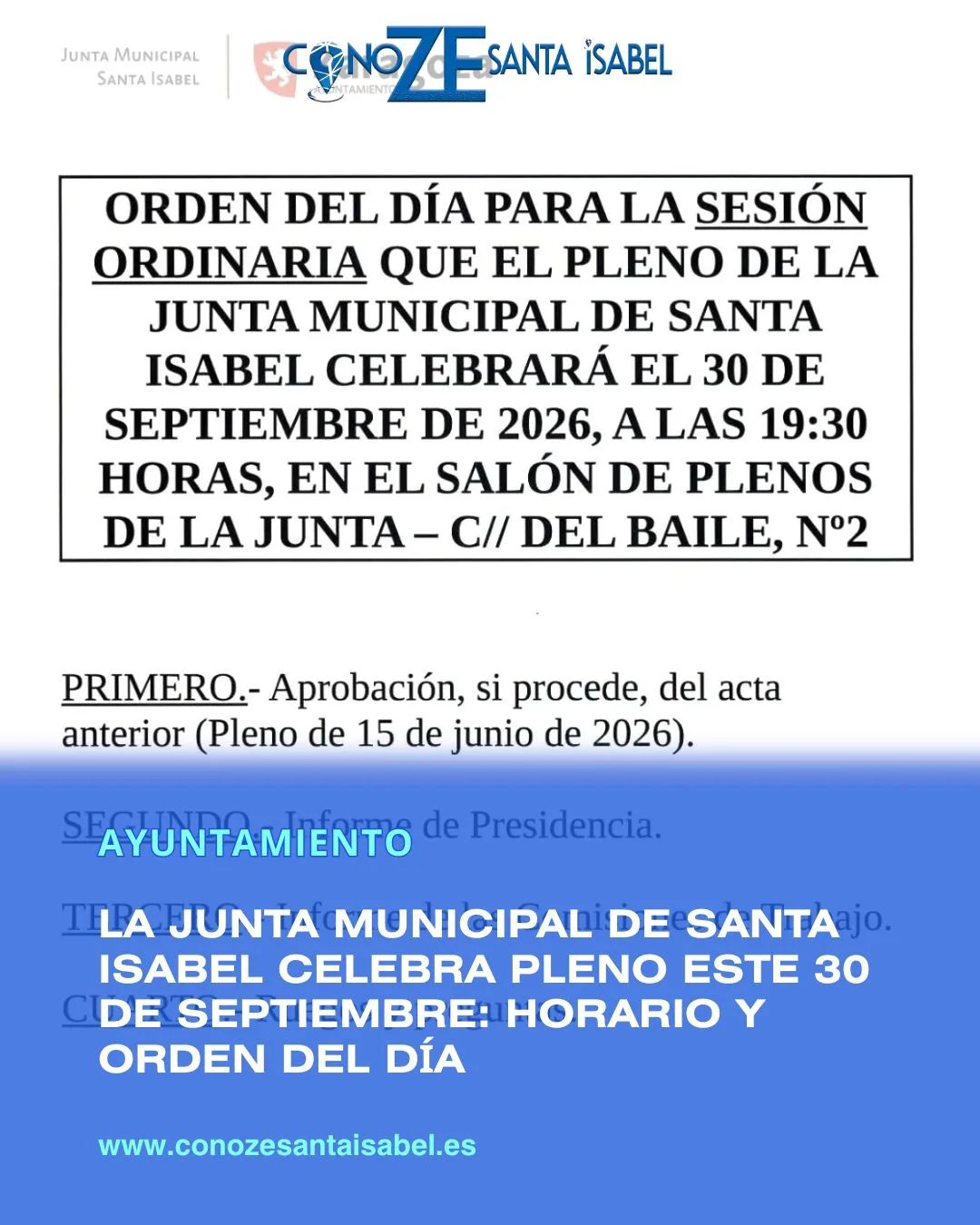 Pleno de la Junta Municipal de Santa Isabel el 30 de septiembre: orden del día y horario