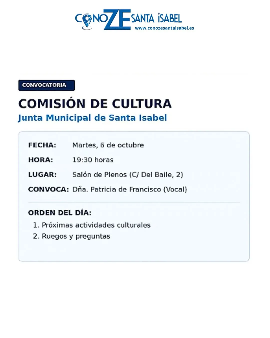 Comisión de Cultura de Santa Isabel el 6 de octubre: horario y orden del día