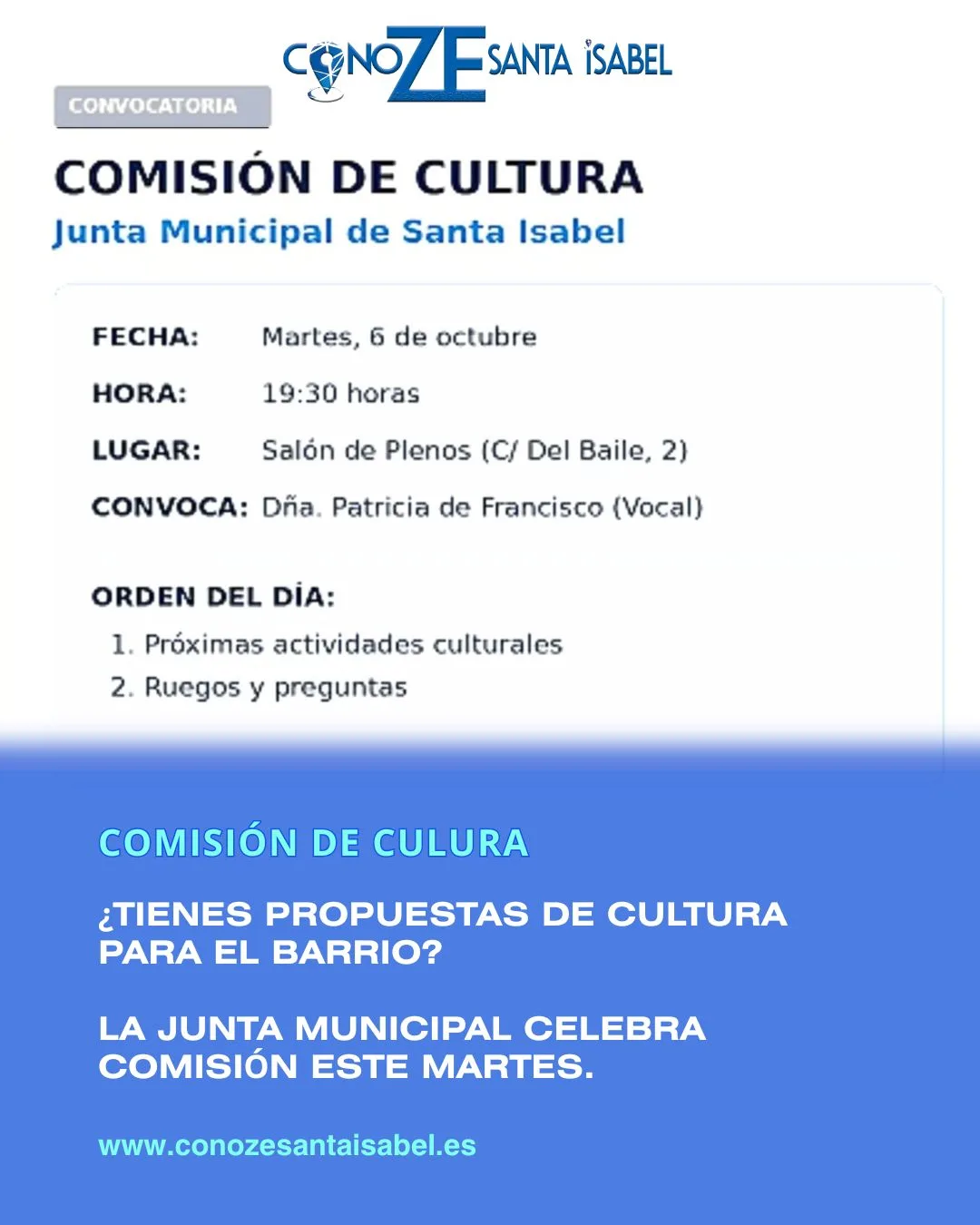 Comisión de Cultura de Santa Isabel el 6 de octubre: horario y orden del día